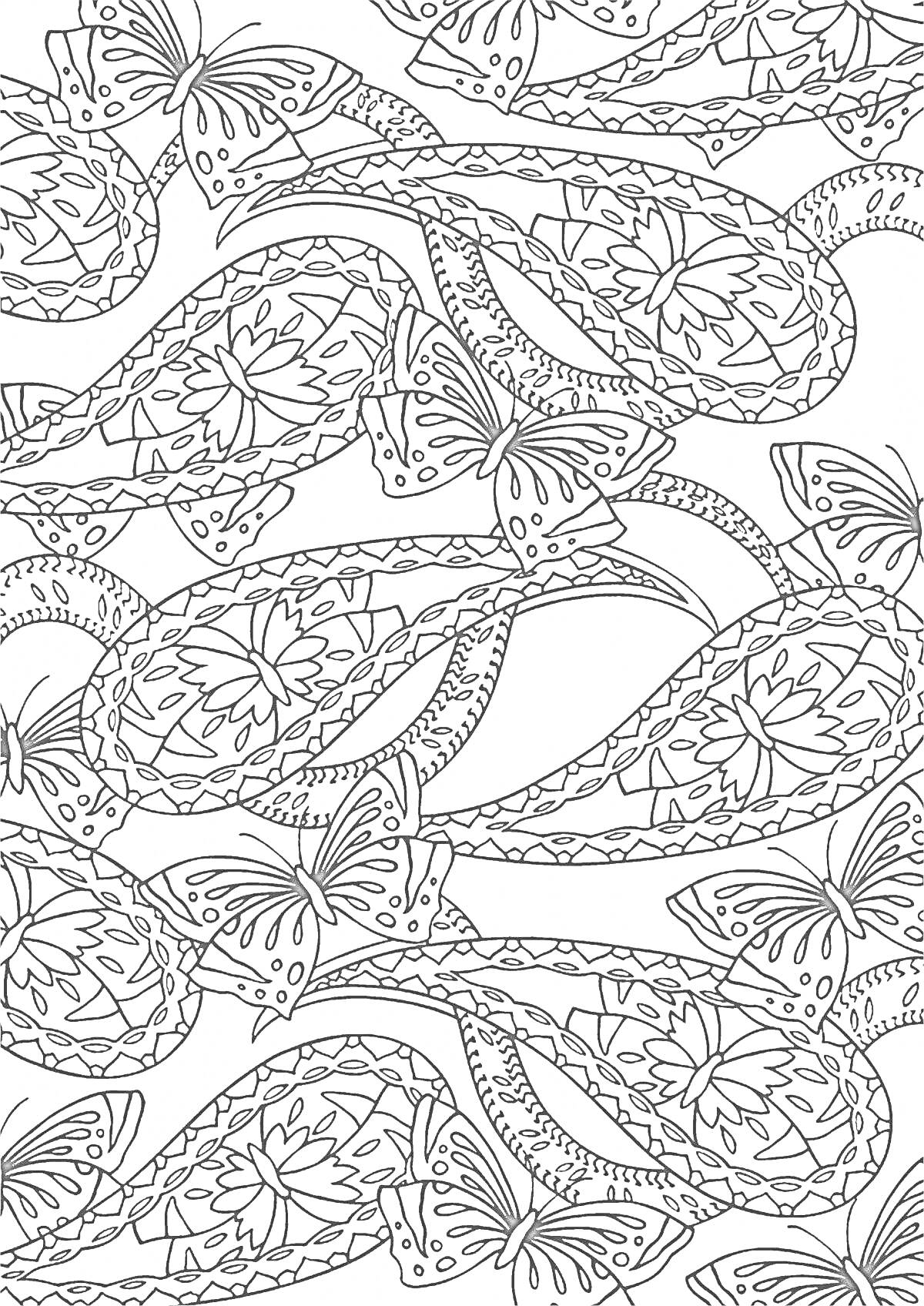 Раскраска Абстрактный узор с бабочками и цветами