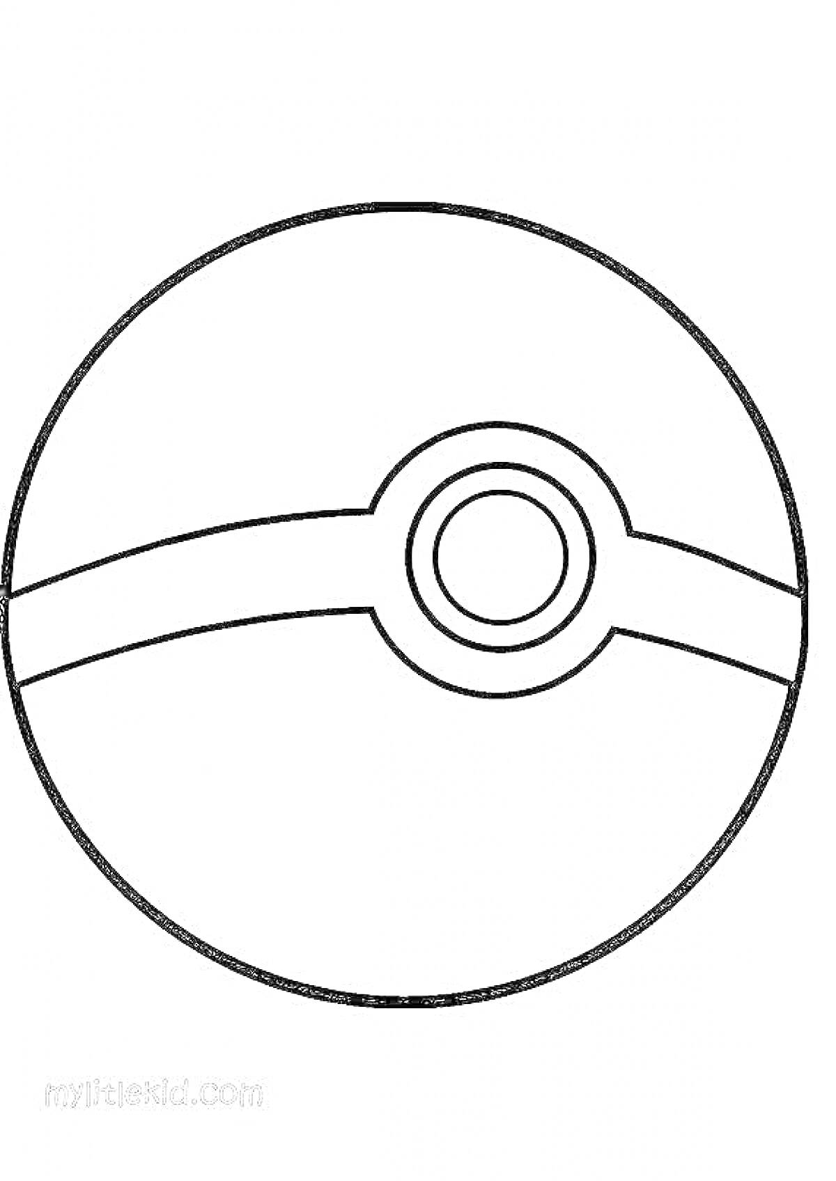 Раскраска Покебол с центральным кругом и горизонтальной полосой, разделяющей его на верхнюю и нижнюю половины