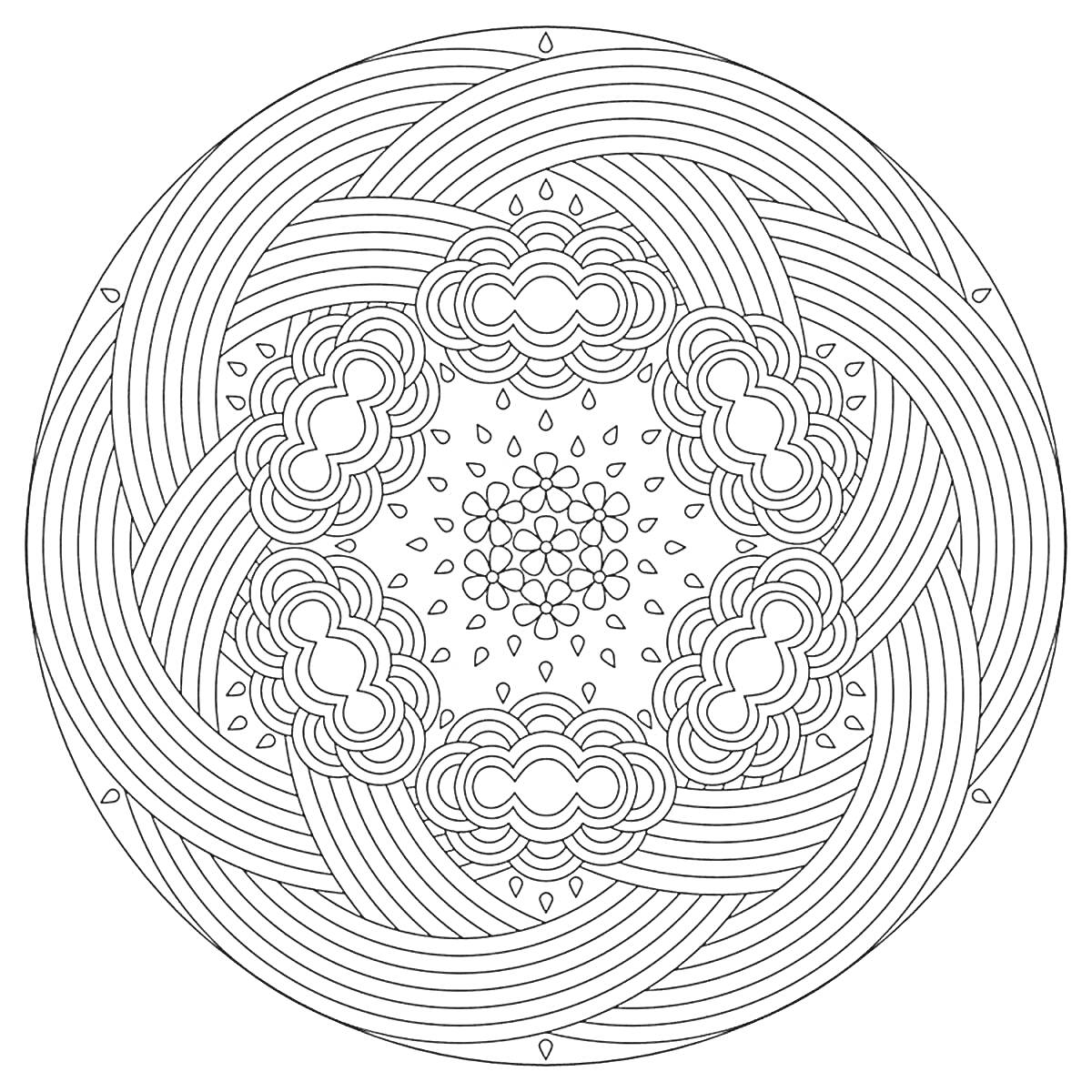 Раскраска Мандала с переплетающимися линиями и узорами из лепестков и облаков