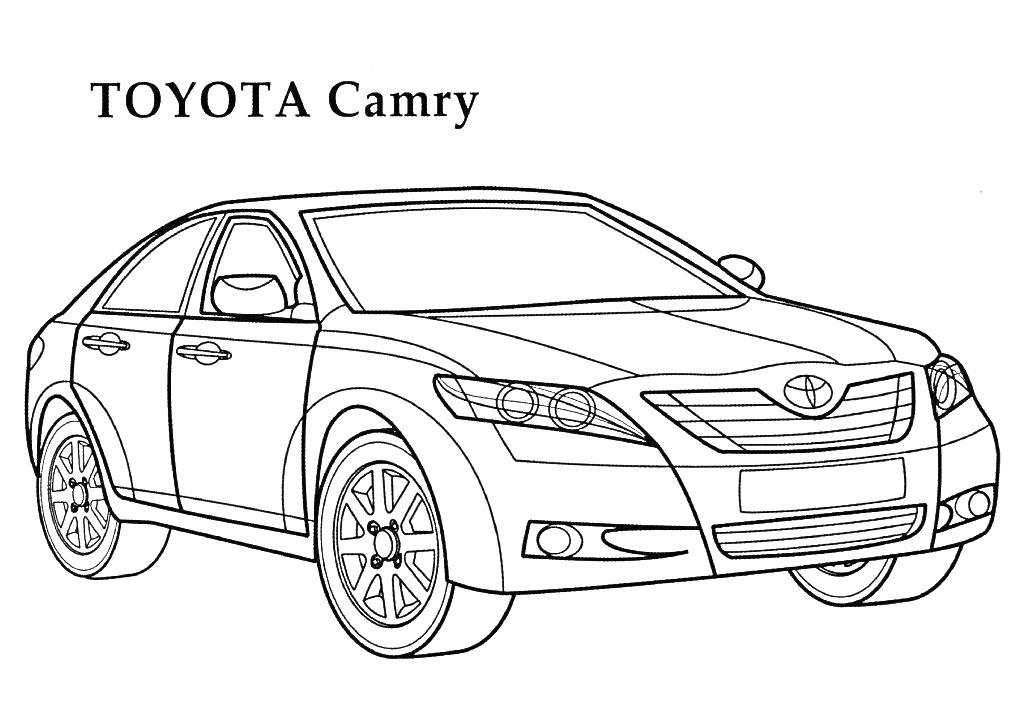 TOYOTA Camry с изображением четырехдверного седана, включающим передние фары, бампер, боковые зеркала и колеса.