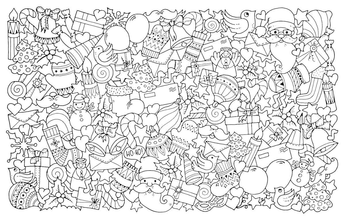 Раскраска Рождественская смесь: Дед Мороз, подарки, елочные игрушки, конфеты, елки, сердца, снежинки, птицы