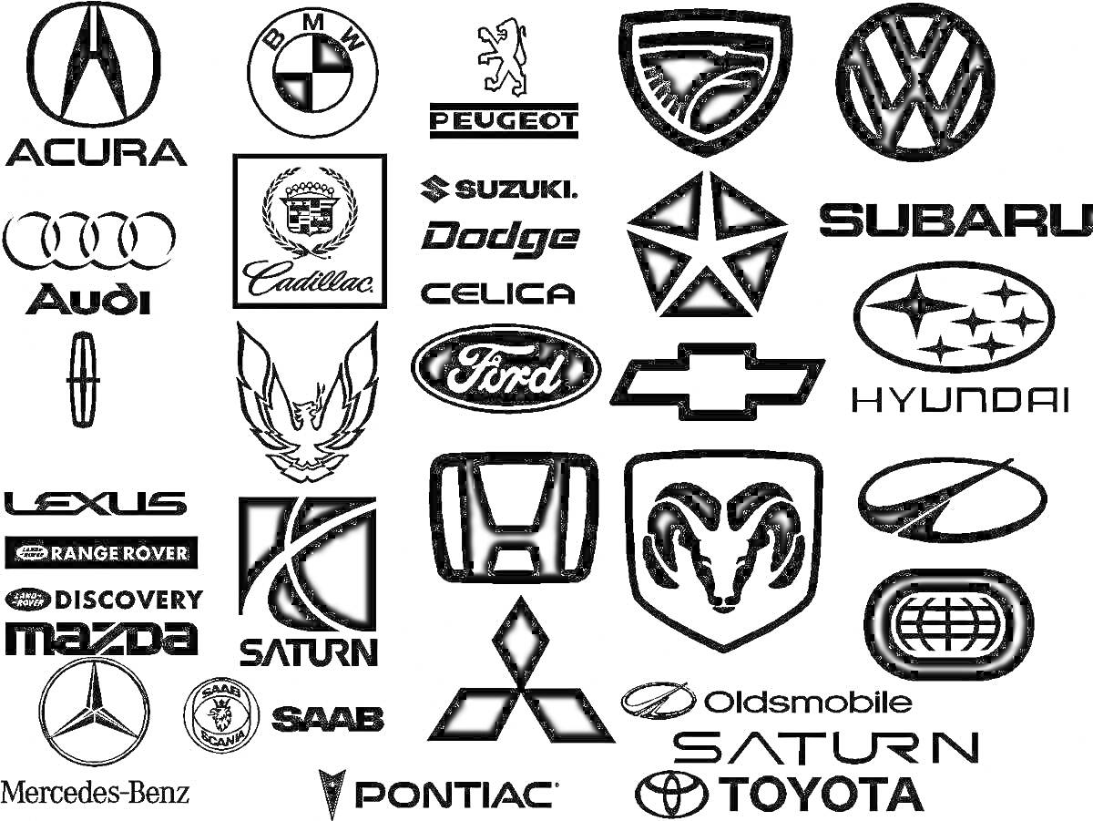 Раскраска логотипы брендов автомобилей (Acura, Audi, BMW, Cadillac, Chevrolet, Chrysler, Dodge, Ford, Honda, Hyundai, Jeep, Leser, Lincoln, Mazda, Mercedes-Benz, Mitsubishi, Nissan, Oldsmobile, Peugeot, Pontiac, Renault, Saturn, Subaru, Toyota, Volkswagen)