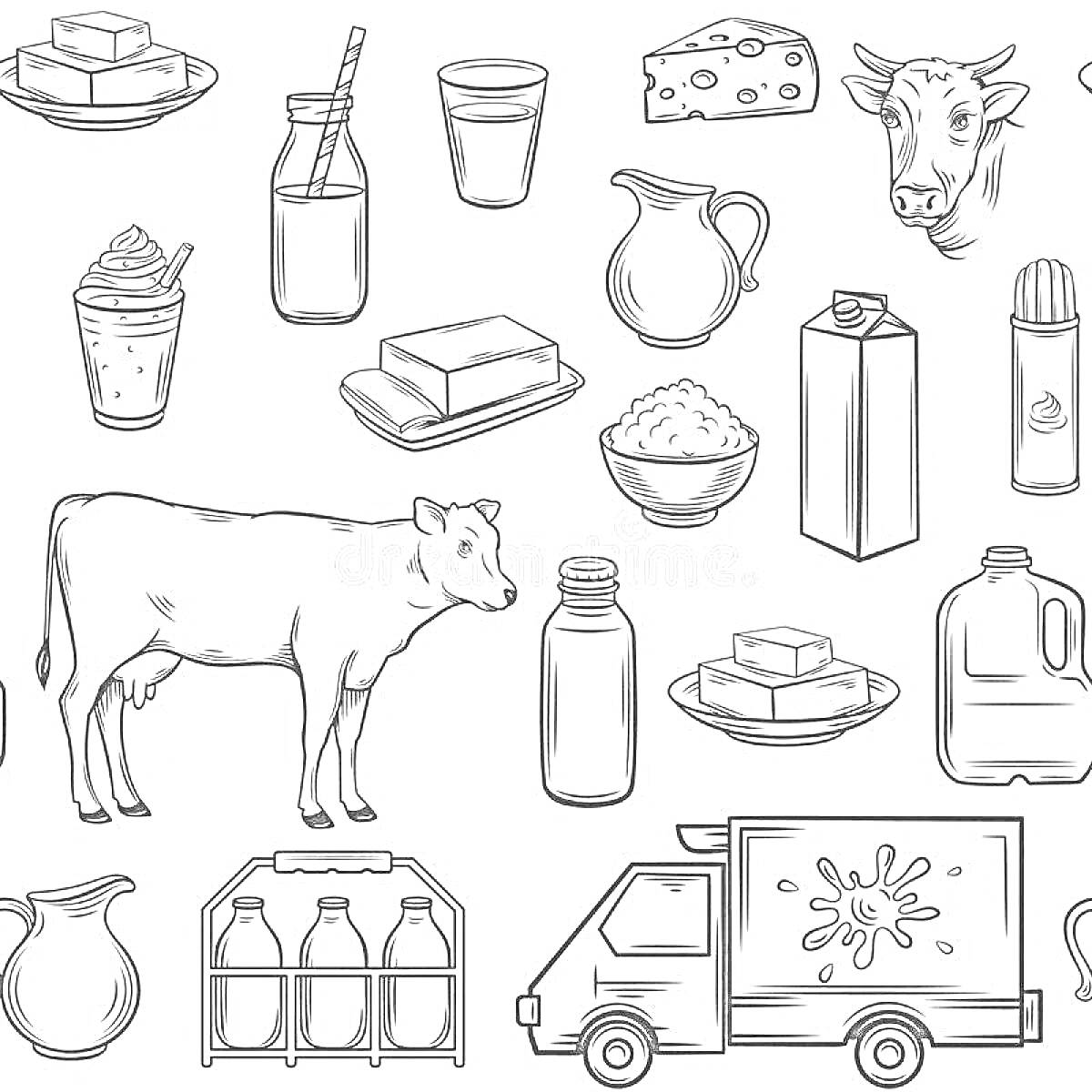 Раскраска молочные продукты: корова, стакан молока, бутылка молока с трубочкой, сыр, смузи, стакан, кувшин, масло, творог, упаковка молока, мороженое, корова, бутылка молока, грузовик, молочные бутылки в коробке