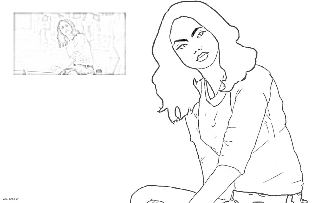 Раскраска Женщина со свободными волосами в свитере и брюках сидящая в помещении