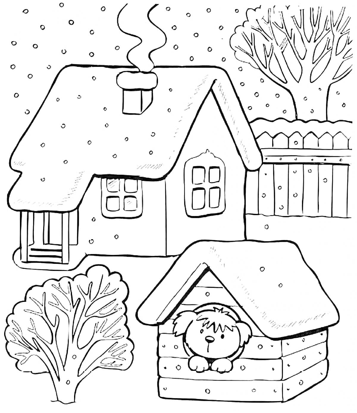 Зимний домик с будкой для собаки, деревьями и забором на заднем плане