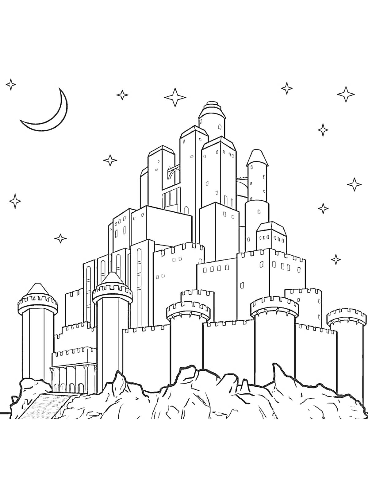 Раскраска Замок на холме с башнями, звездами и полумесяцем в ночном небе