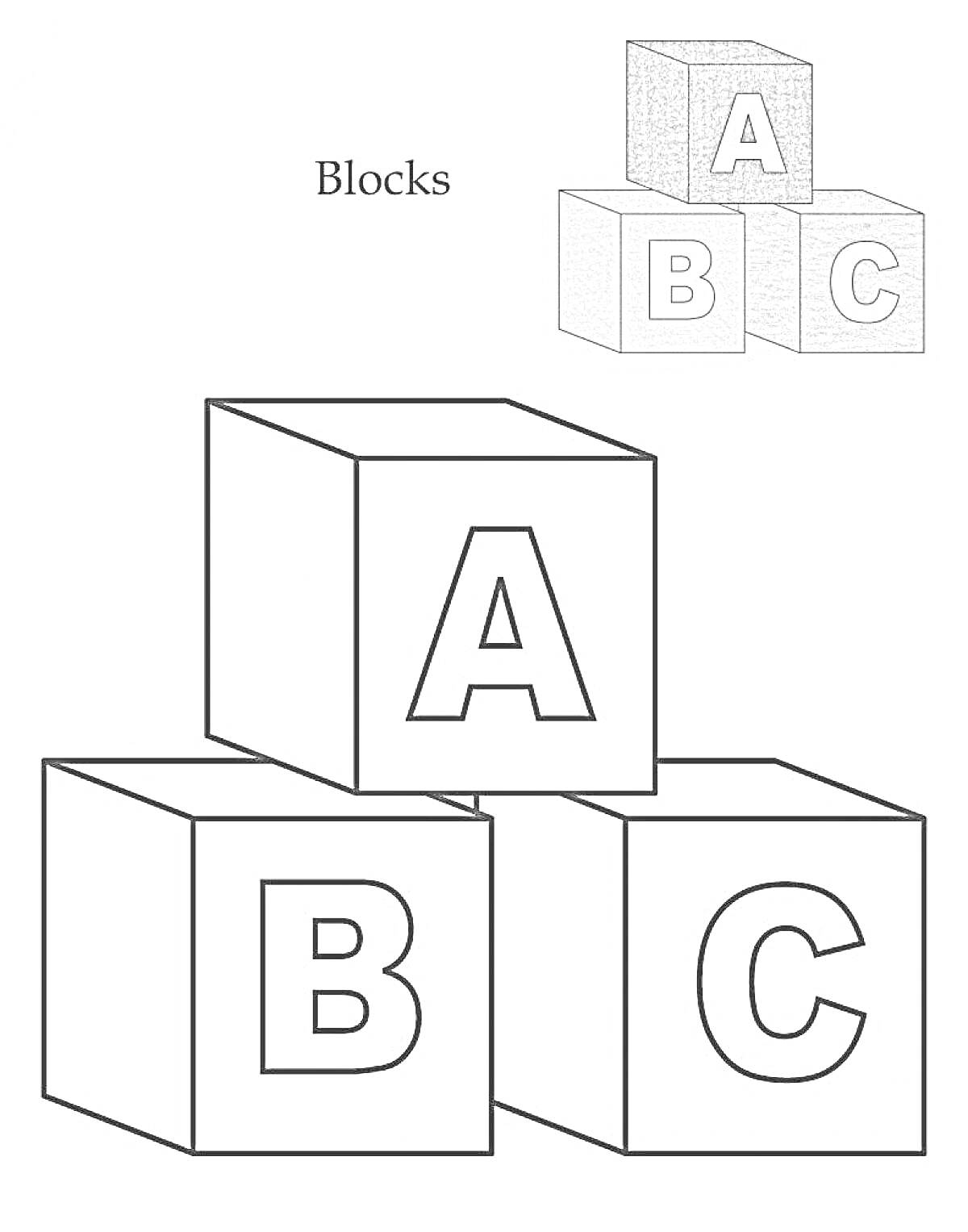 Раскраска Кубики с буквами A, B и C