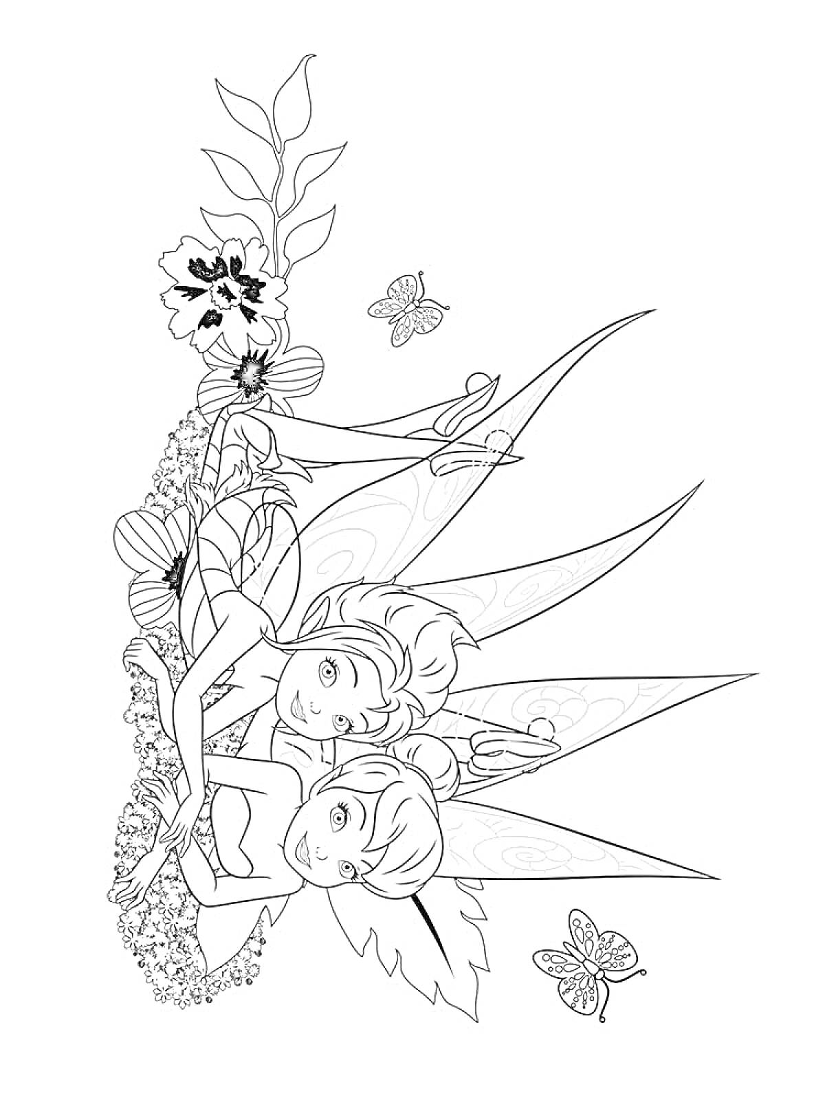 На раскраске изображено: Феи, Динь-Динь, Цветы, Крылья, Листья, Бабочка