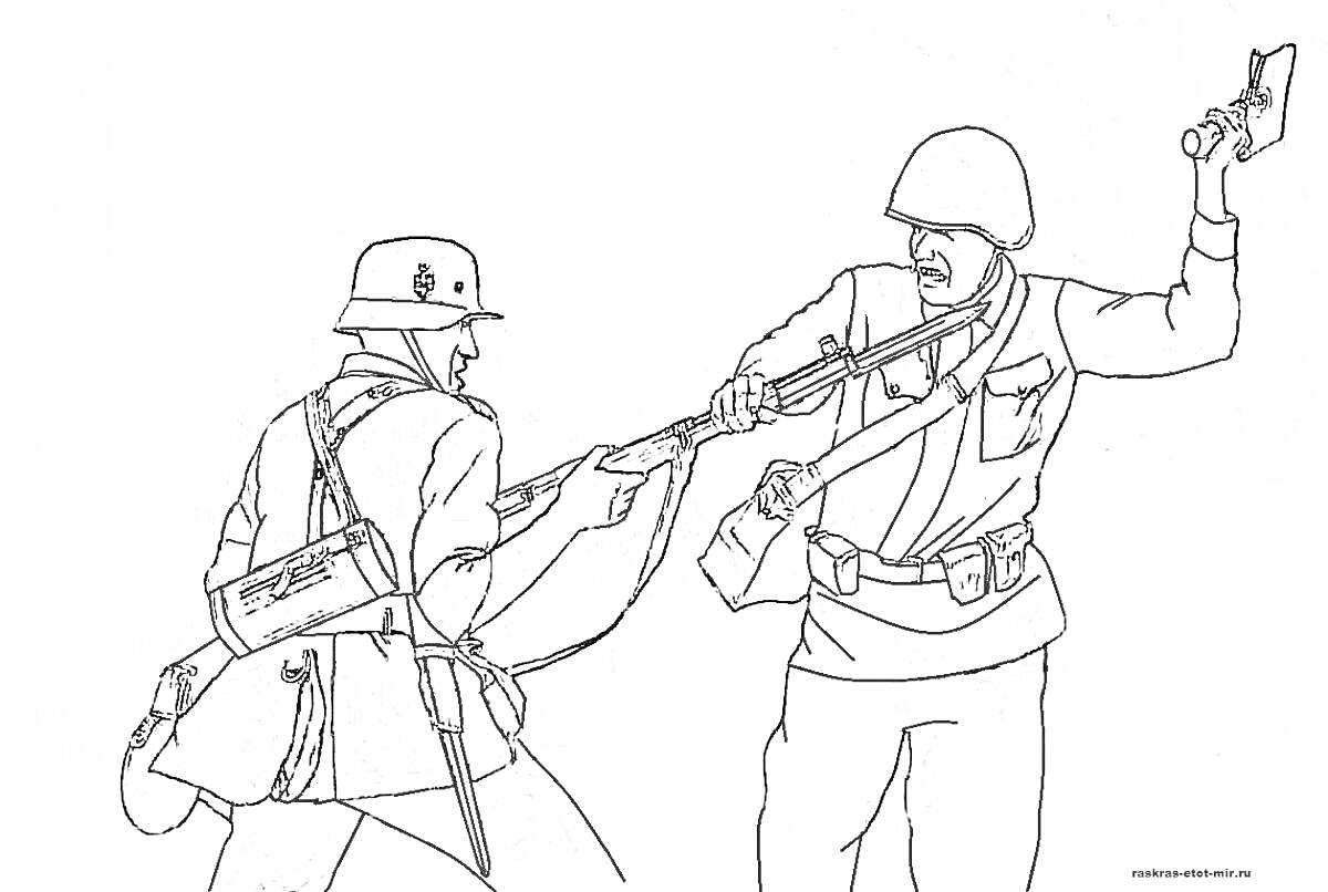 На раскраске изображено: Бой, Военная униформа, Винтовка, Пистолет, Война, Схватка, Оружие