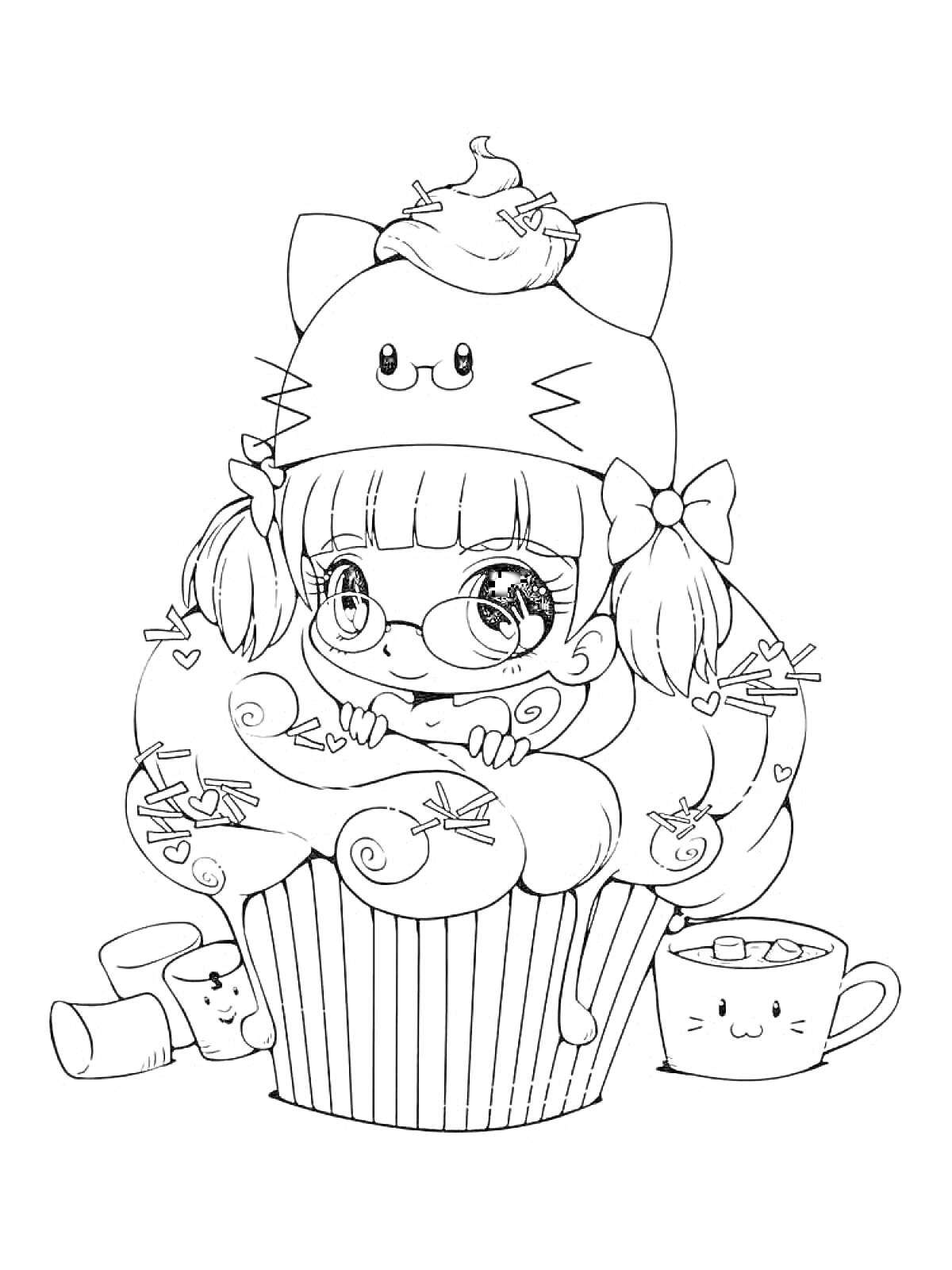Девочка с косичками в шапке с ушками на большом капкейке, окружённая кавайными чайной чашкой и креманкой