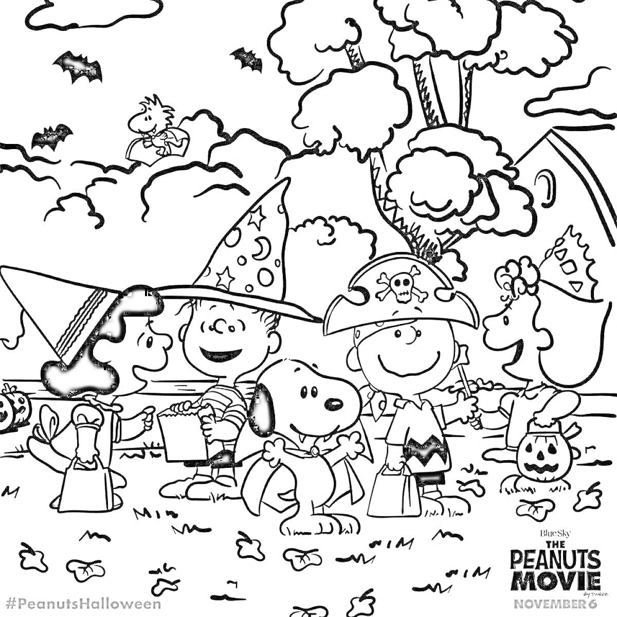 На раскраске изображено: Деревья, Дом, Тыква, Ночь, Собака, Листья