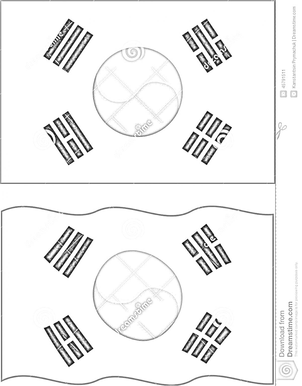 Раскраска Раскраска флага Южной Кореи с прямоугольными и волнообразными краями, состоящая из черного круга и четырех триграмм