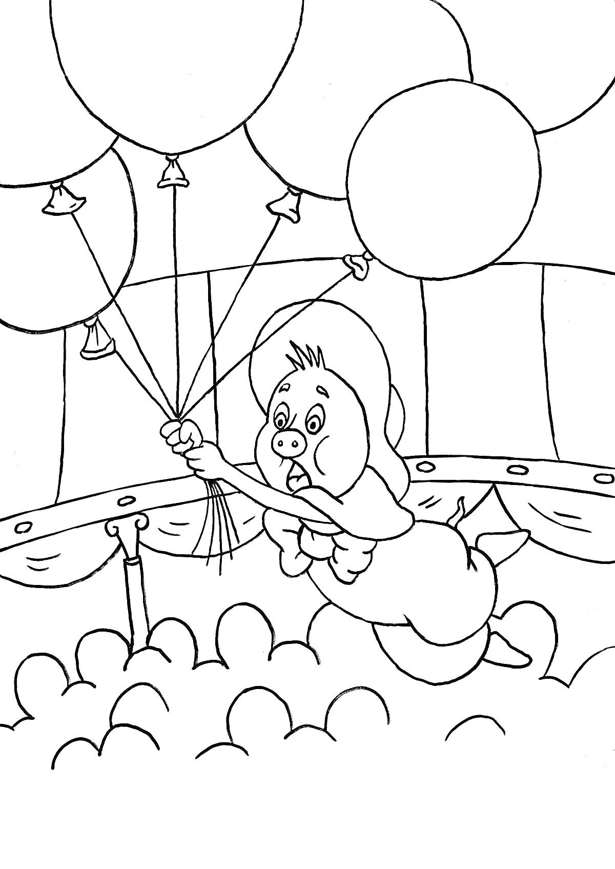 На раскраске изображено: Фунтик, Воздушные шары, Цирк, Арена, Из мультфильмов, Полет, Зрители, Поросята, Сцены