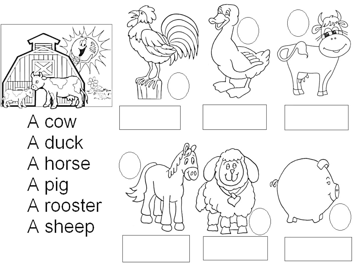 Раскраска По английскому языку - Ферма: A cow, A duck, A horse, A pig, A rooster, A sheep