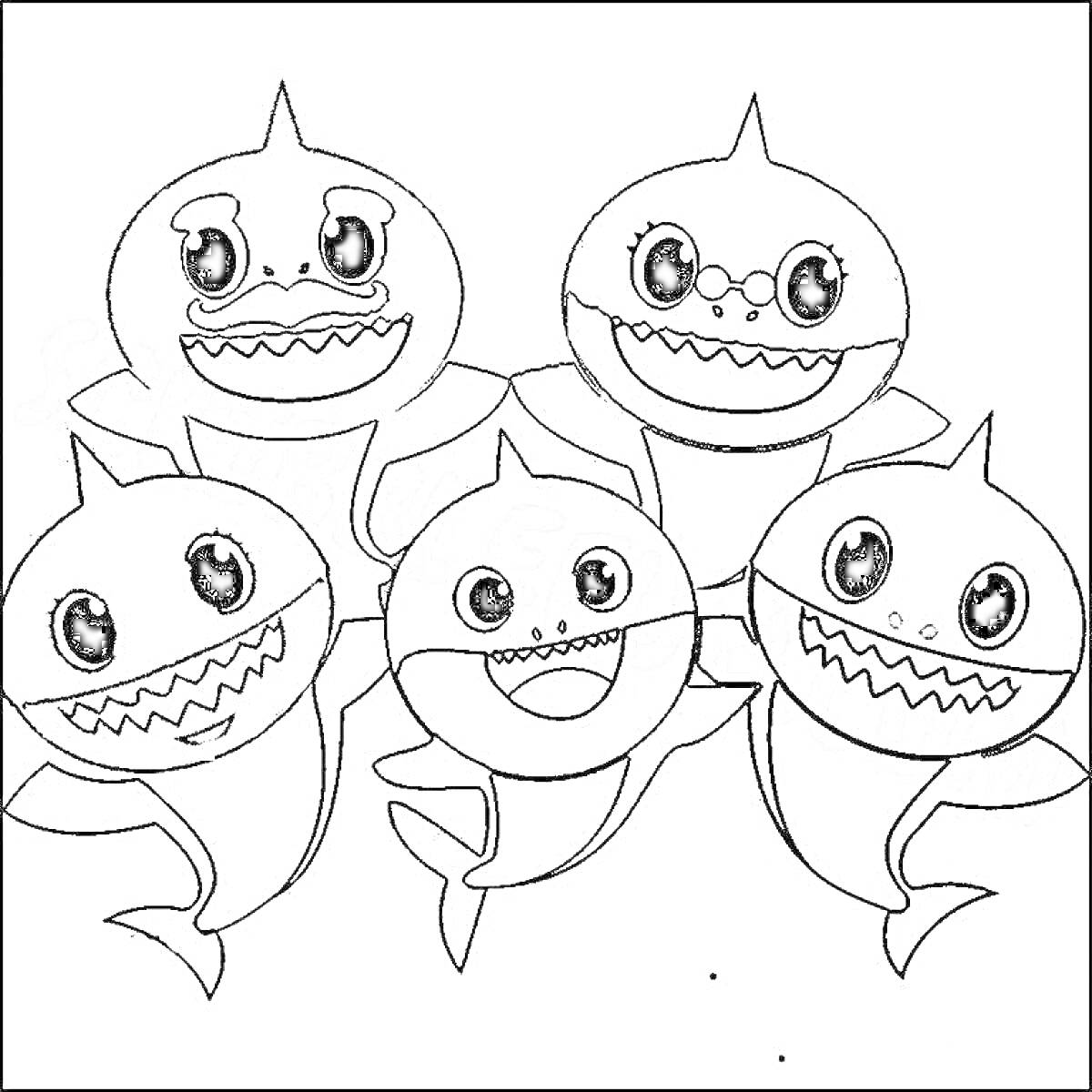 группа улыбающихся акул, пять акул с большими глазами и зубастыми улыбками, одна в центре и по две с каждой стороны.