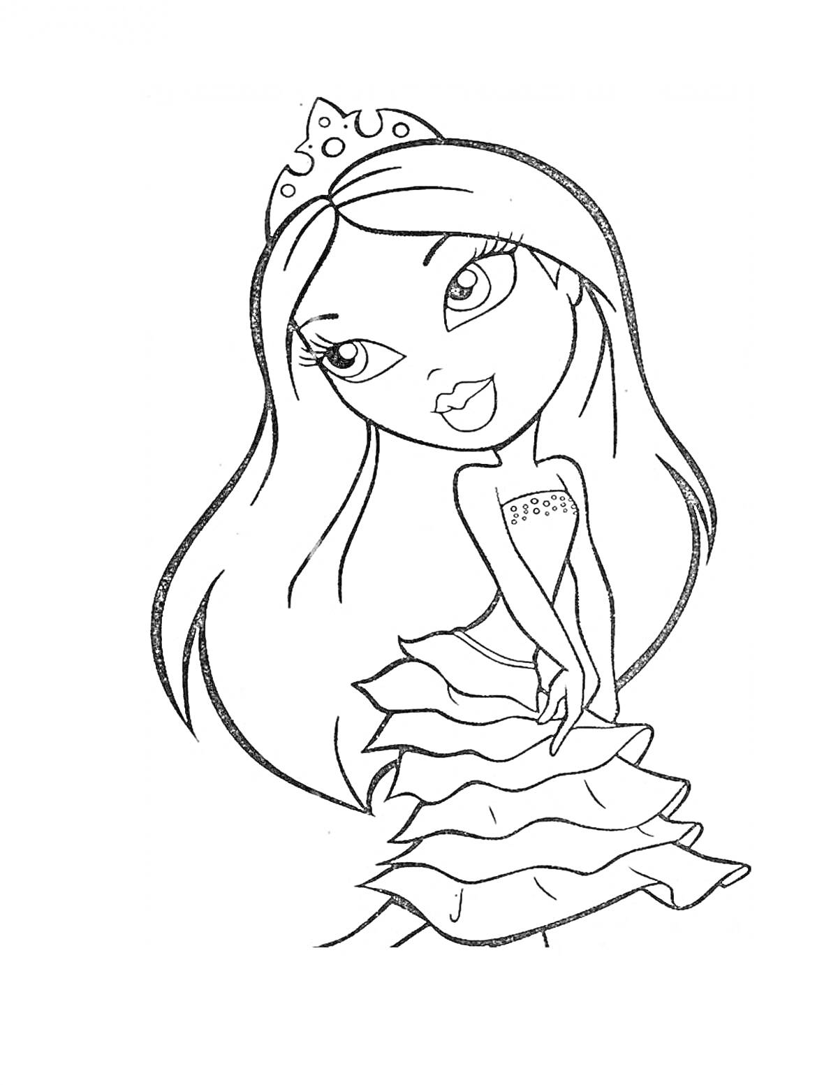 Раскраска Девочка с короной, длинными волосами и платьем с воланами