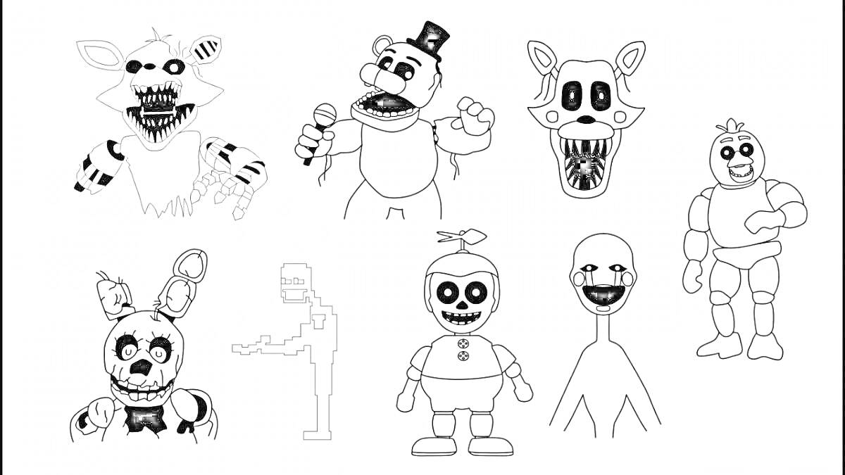 Раскраска восемь персонажей из Five Nights at Freddy’s, включающие марионетку, медведя, собаку, курицу, Спрингтрапа и других