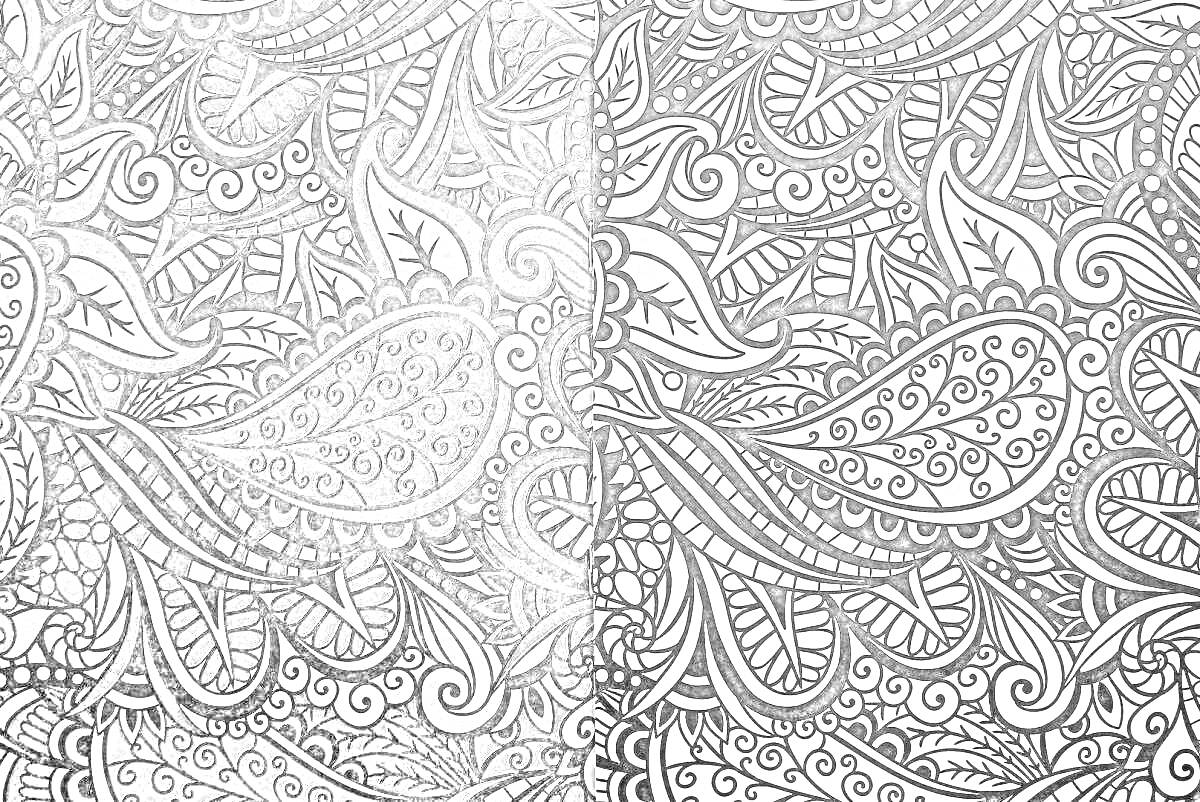 Раскраска Антистресс раскраска с узорами листьев и линиями криволинейных форм