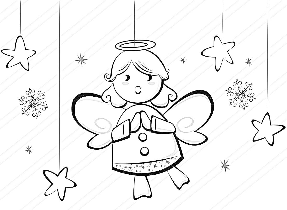 Раскраска Ангел с крыльями в окружении звезд и снежинок