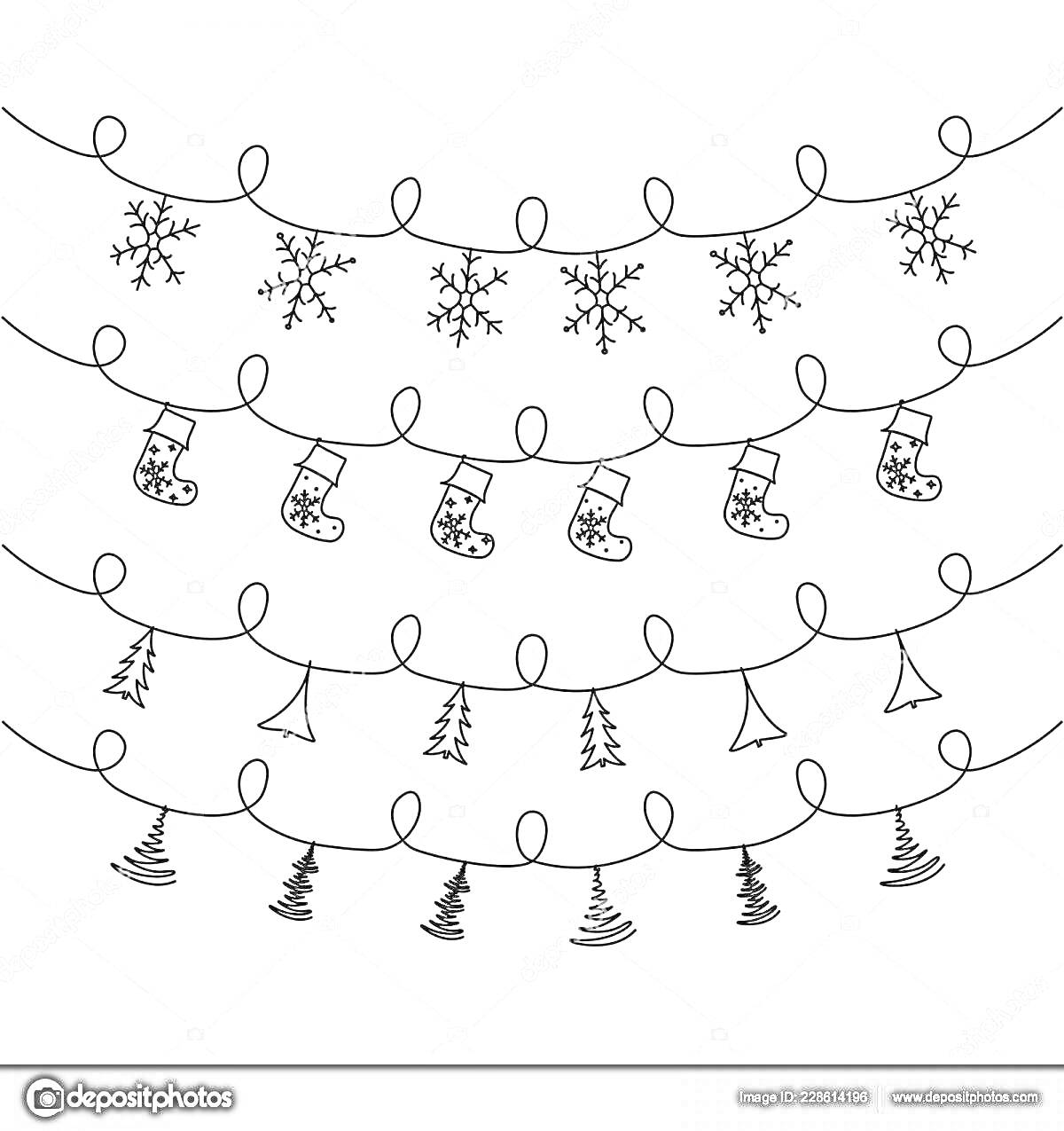 На раскраске изображено: Гирлянда, Новогодние носки, Снежинки, Новогодние украшения, Зима, Рождество, Новогодний декор