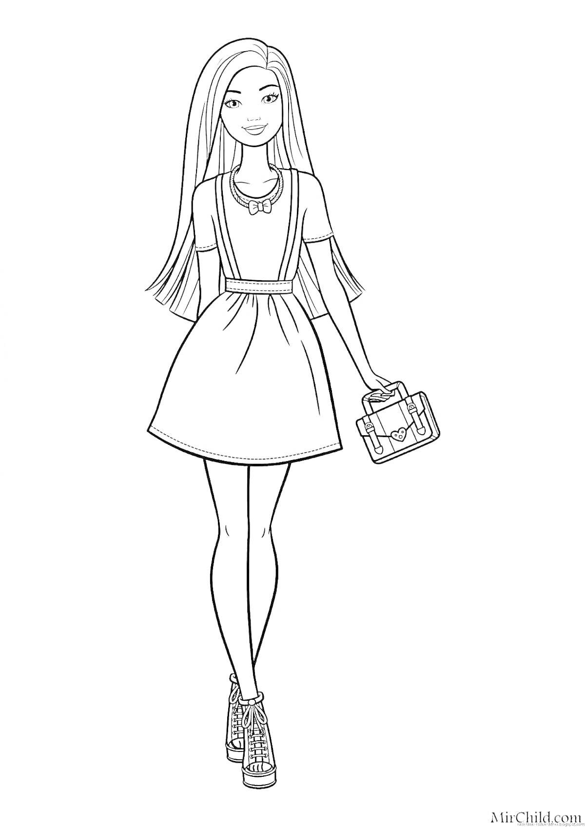 Раскраска Девочка с длинными волосами в платье с бантиком, сумочкой и ботильонами