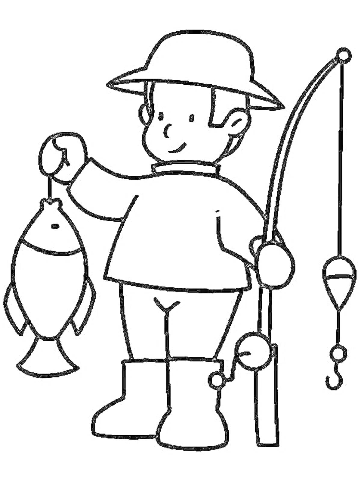 На раскраске изображено: Рыбалка, Рыбак, Удочка, Рыба, Человек, Шляпа, Сапоги, Мальчик