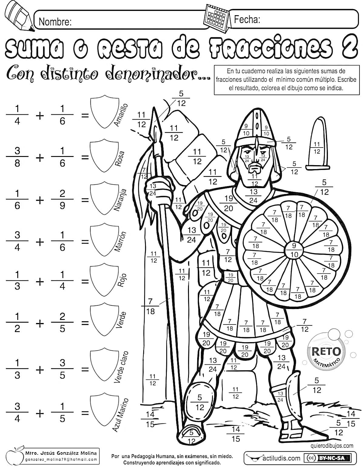 Раскраска Средневековый воин с задачами на сложение и вычитание дробей с разными знаменателями