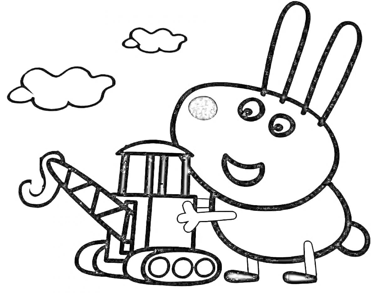 На раскраске изображено: Кролик, Строительный кран, Облака, Для детей, 3-4 года