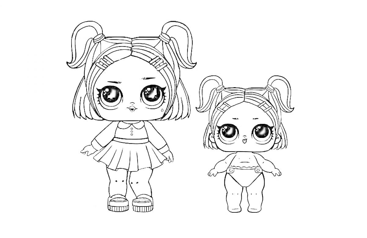 Кукла Лол Конфетти Поп в юбке с хвостиками и маленькая кукла в подгузнике