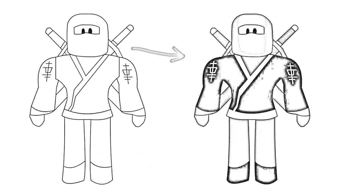 Раскраска Роблокс-ниндзя с двумя мечами. Одна половина не раскрашена, другая - раскрашена в черный цвет с белыми элементами и мечами на спине.