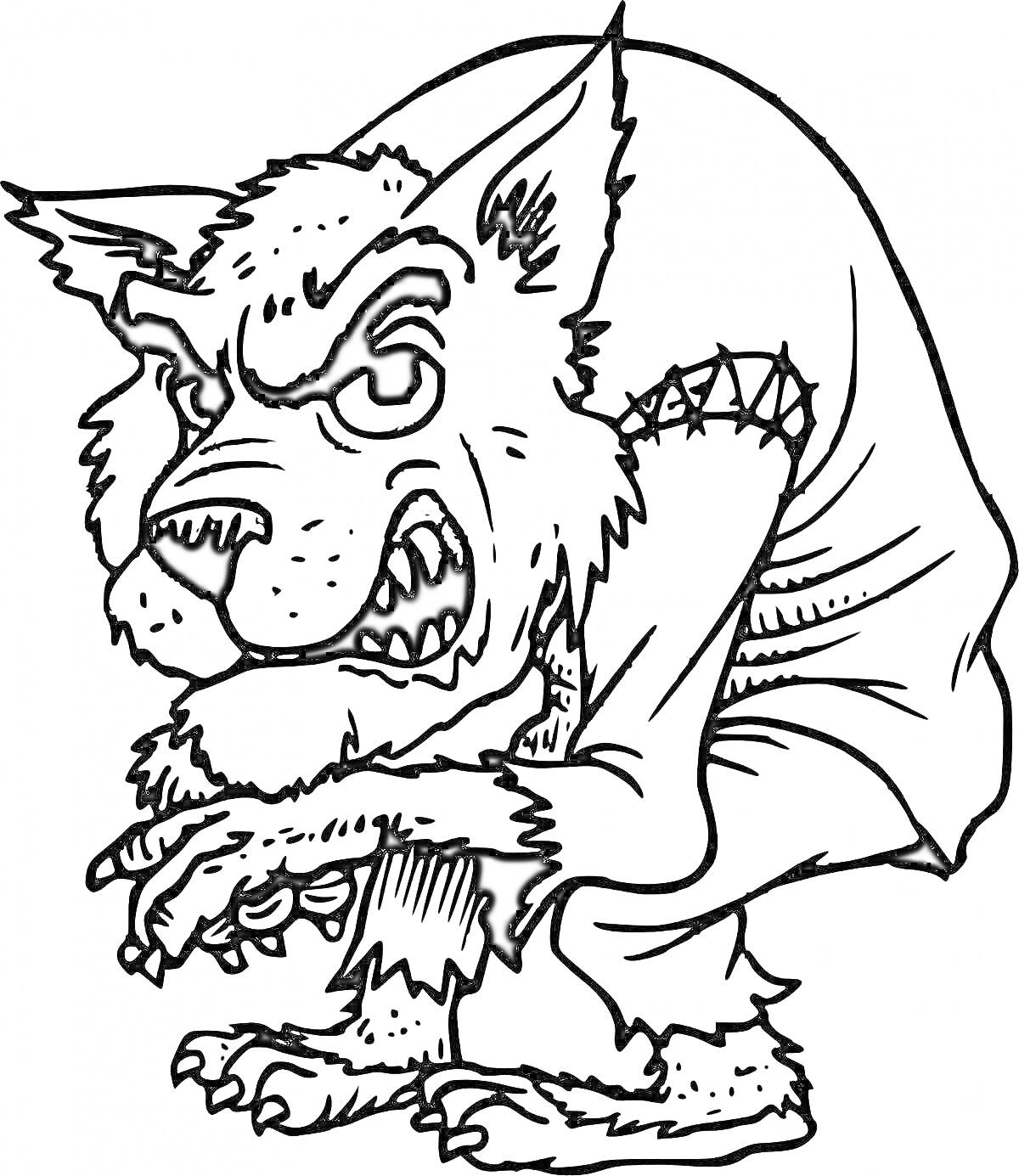 Раскраска Злая собака с острыми когтями в изодранной одежде