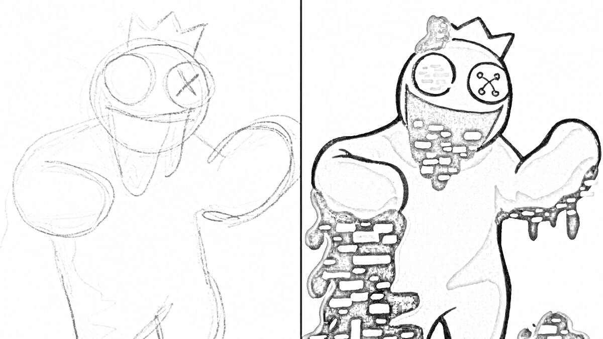 Раскраска Персонаж с короной, радужные друзья Roblox, с нанесенными чернилами, в разных стадиях раскраски