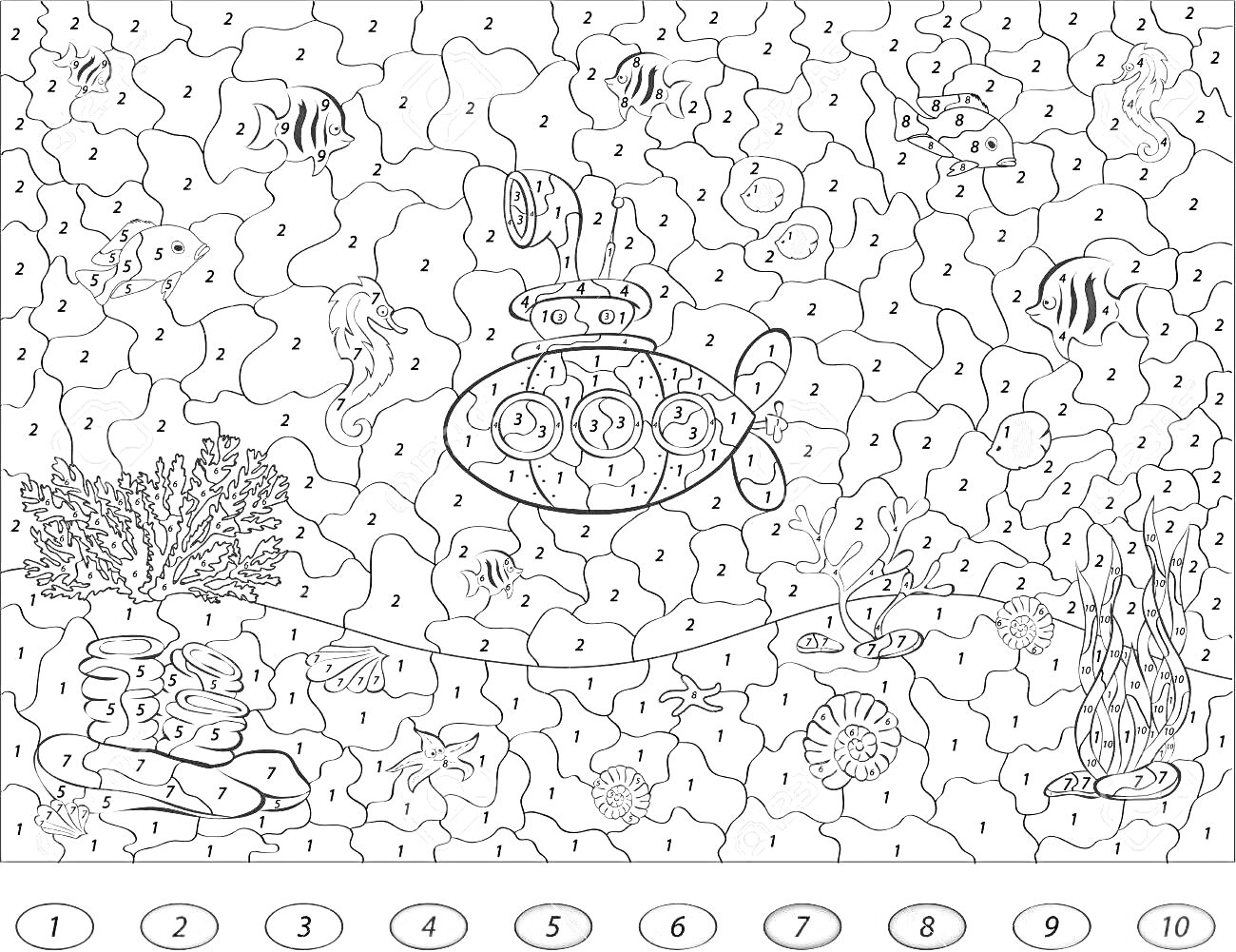 Раскраска подводная сцена с подводной лодкой, рыбами, кораллами и водорослями