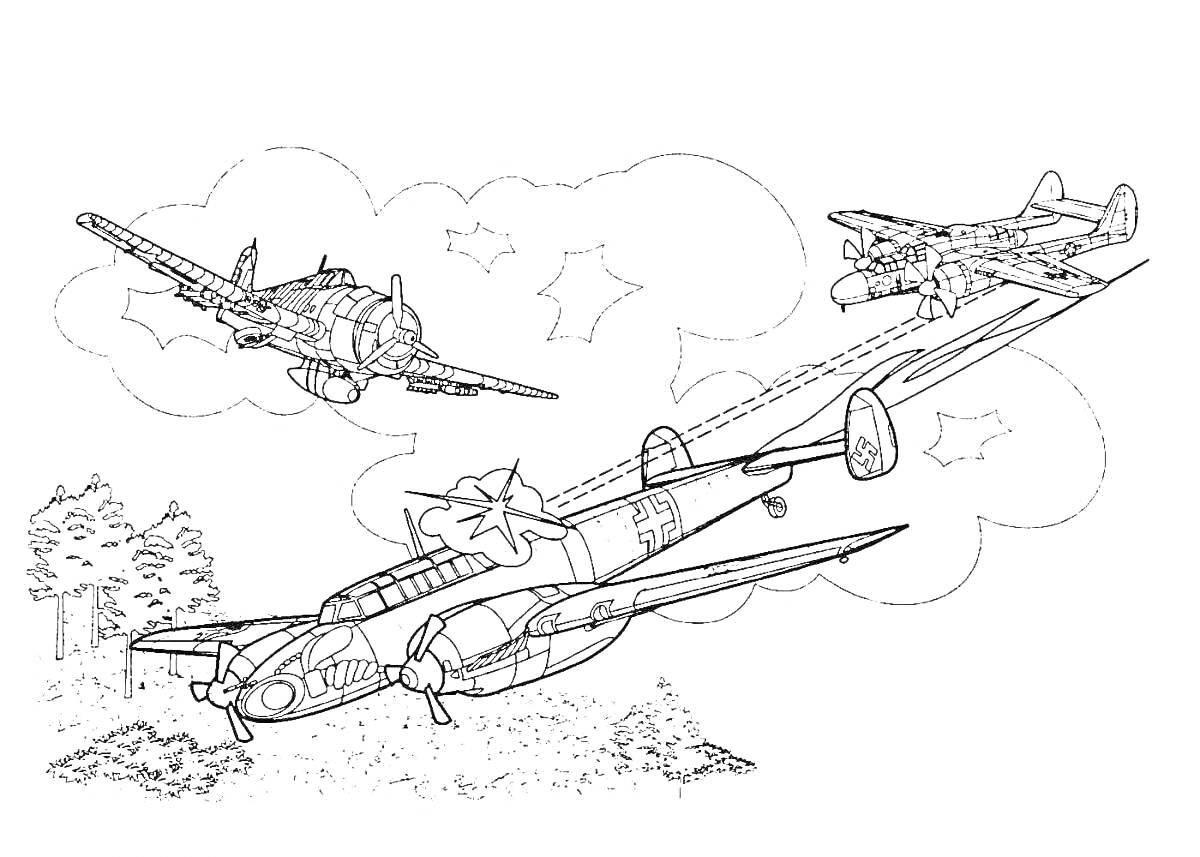 На раскраске изображено: Самолеты, Вторая мировая война, Небо, Облака, Деревья