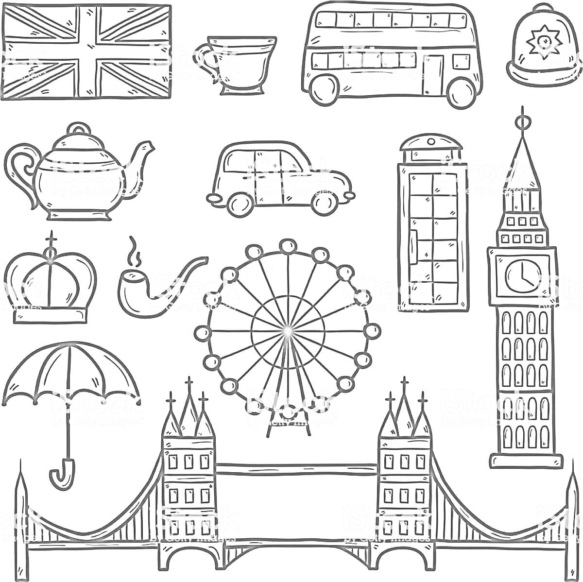 Флаг Великобритании, чашка, двухэтажный автобус, полицейская шапка, чайник, автомобиль, телефонная будка, Биг Бен, корона, трубка, колесо обозрения, зонт, Тауэрский мост.
