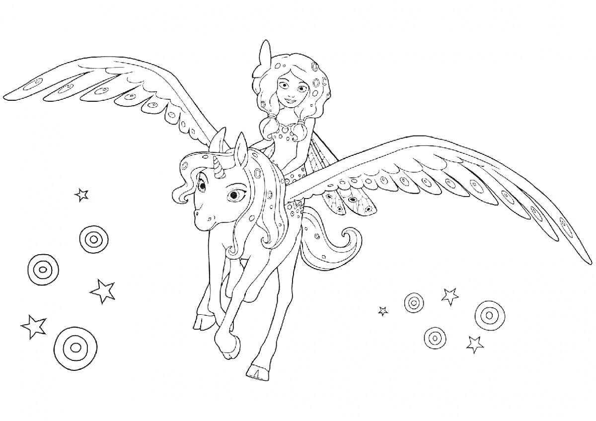 На раскраске изображено: Энчантималс, Крылья, Девочка, Полет, Звезды, Окружности