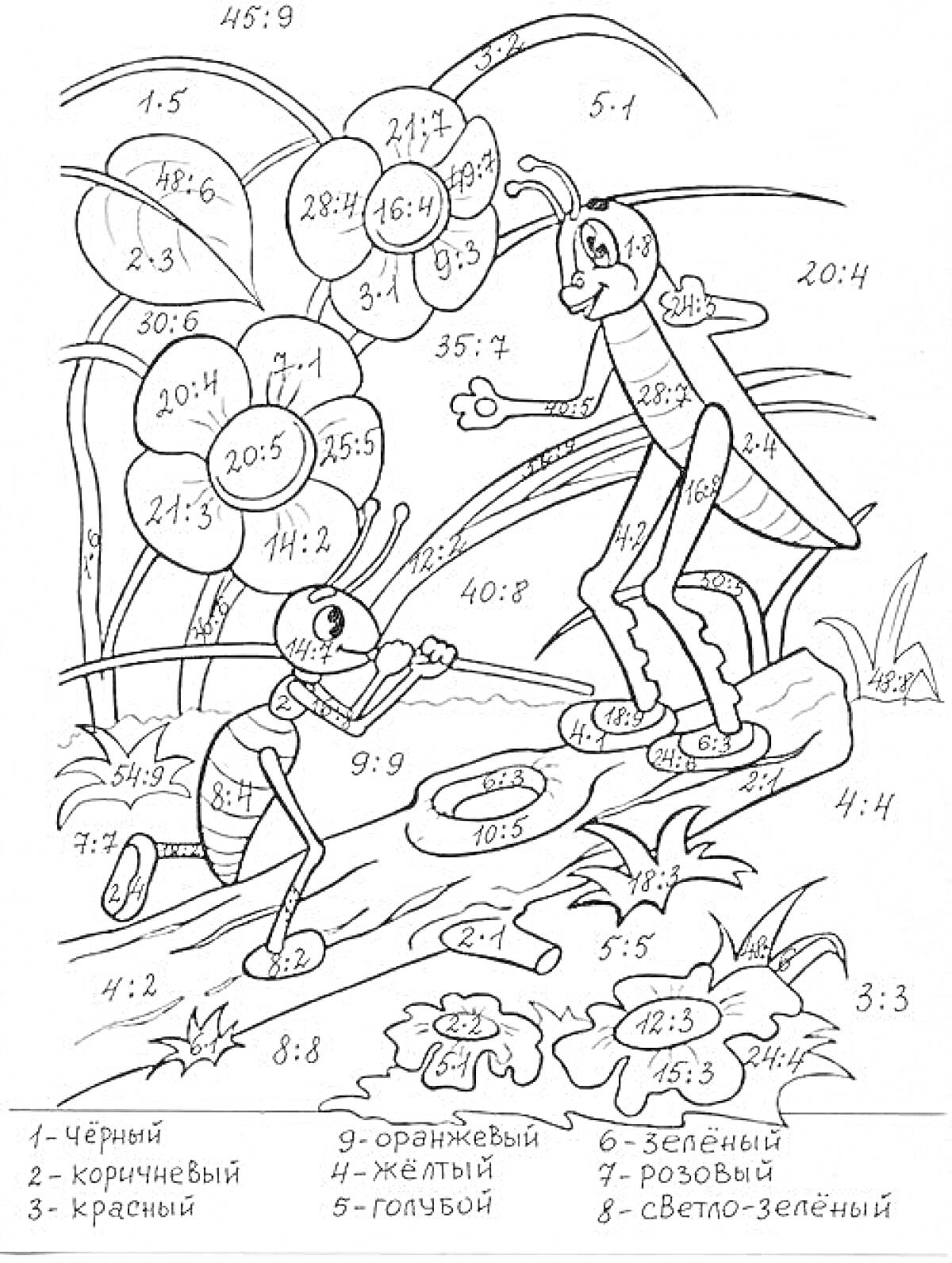 На раскраске изображено: Таблица умножения, Математика, 3 класс, Муравей, Кузнечик, Цветы, Учеба, Обучение, Школьные задания
