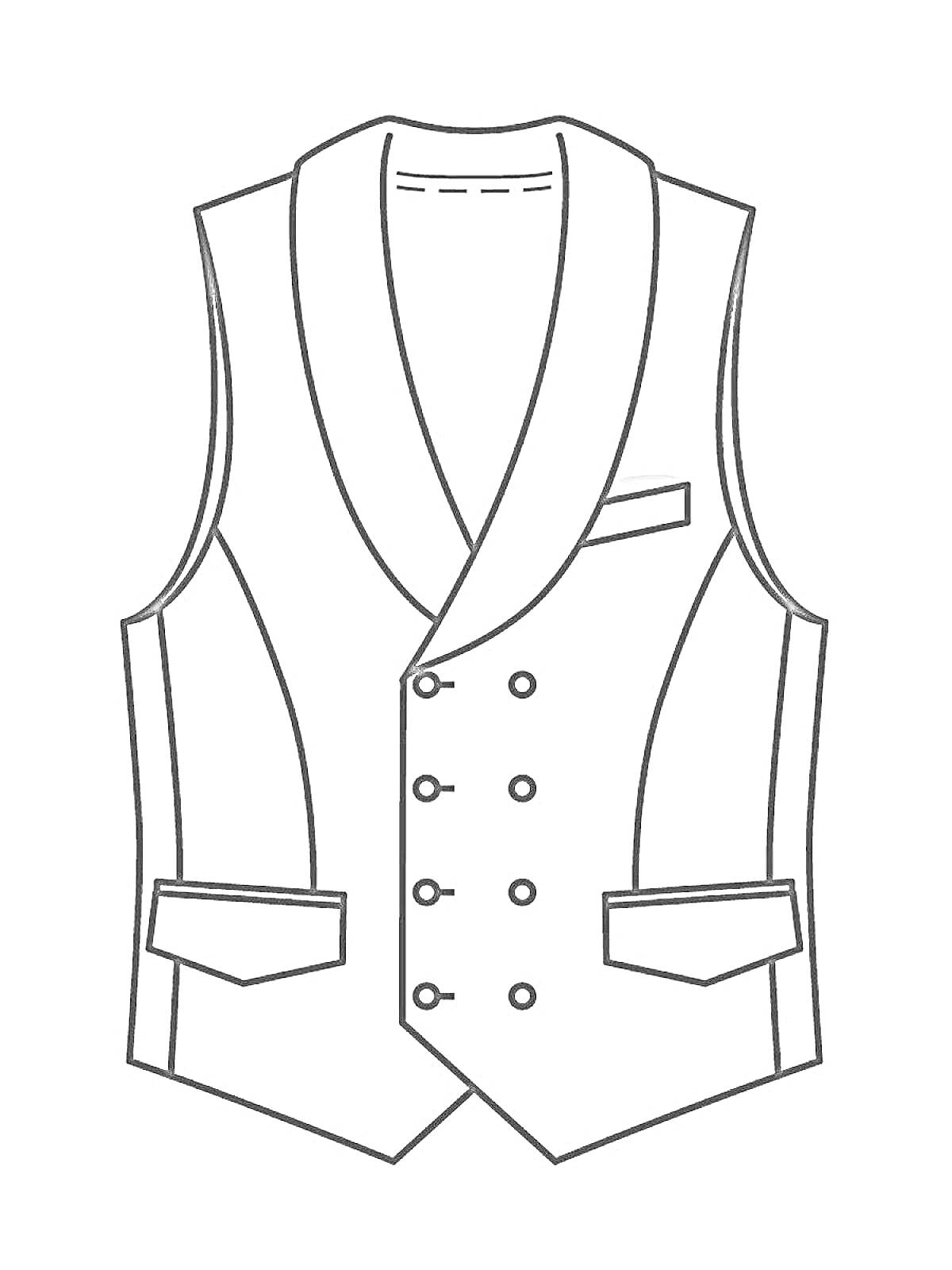 Раскраска Жилет с двумя рядами пуговиц, двумя боковыми карманами и грудным карманом
