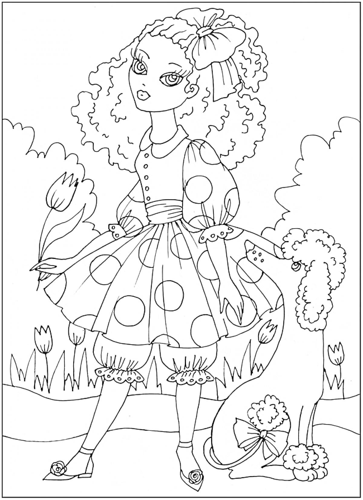 Раскраска Мальвина в платье в горошек с цветами и пуделем на фоне природы