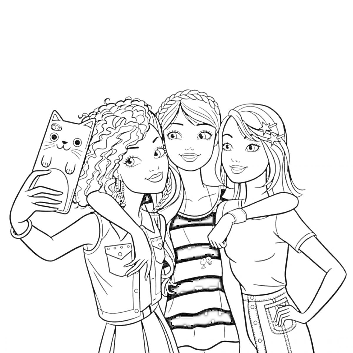 Раскраска Три девочки делают селфи, одна держит телефон с чехлом кота
