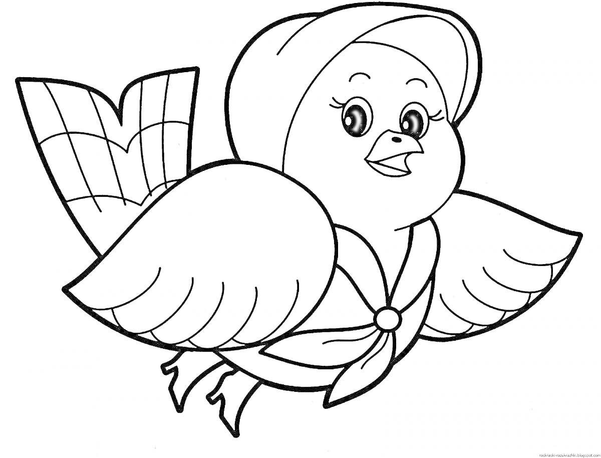 Раскраска Птичка в платочке, летящая с распростертыми крыльями