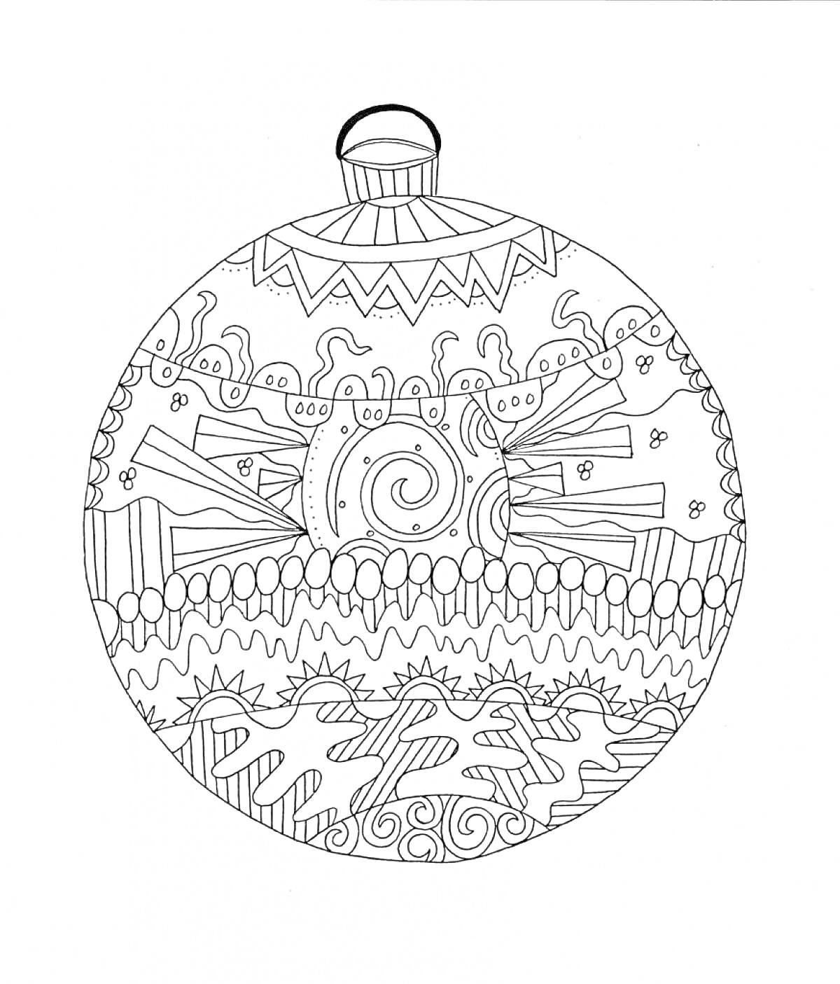 Раскраска Рождественская игрушка с орнаментами линий, спиралей и зигзагов