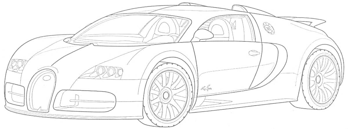 Раскраска Бугатти Шерон с детальной проработкой кузова, боковых зеркал, фар и колёсных дисков