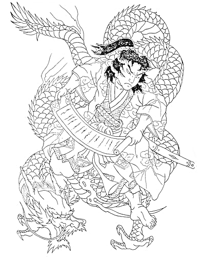 Раскраска Самурай с длинными волосами в традиционной одежде, с мечом, стоящий на дракона