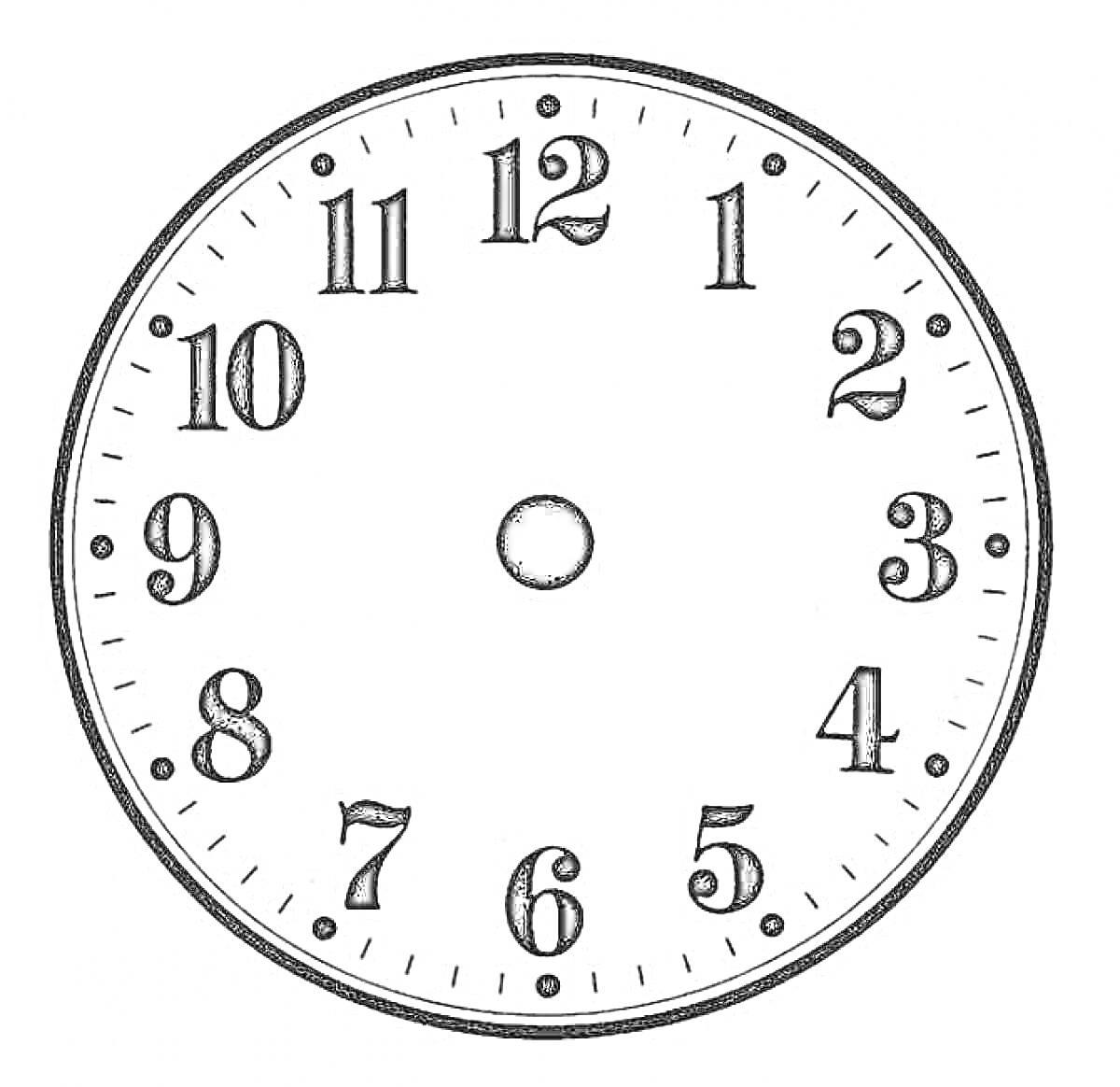 На раскраске изображено: Часы, Циферблат, Без стрелок, Центр, Цифры