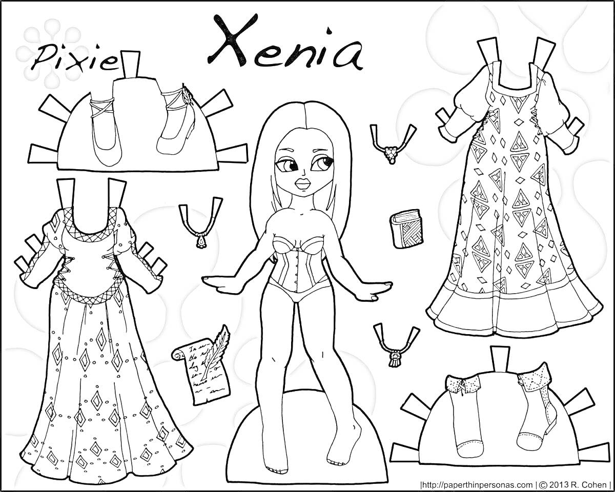 Раскраска Кукла с одеждой для вырезания: кукла, две пары обуви, два ожерелья, браслет, кофта, два платья