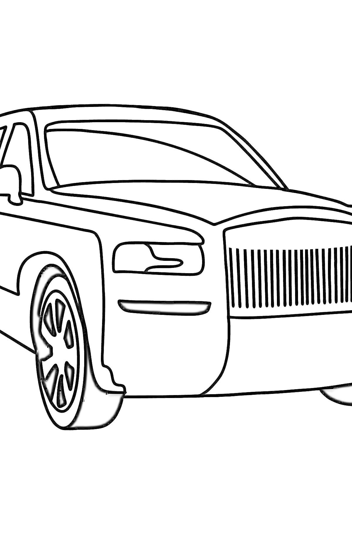 Раскраска Раскраска машины Rolls Royce с передней решеткой, фарами и колесами