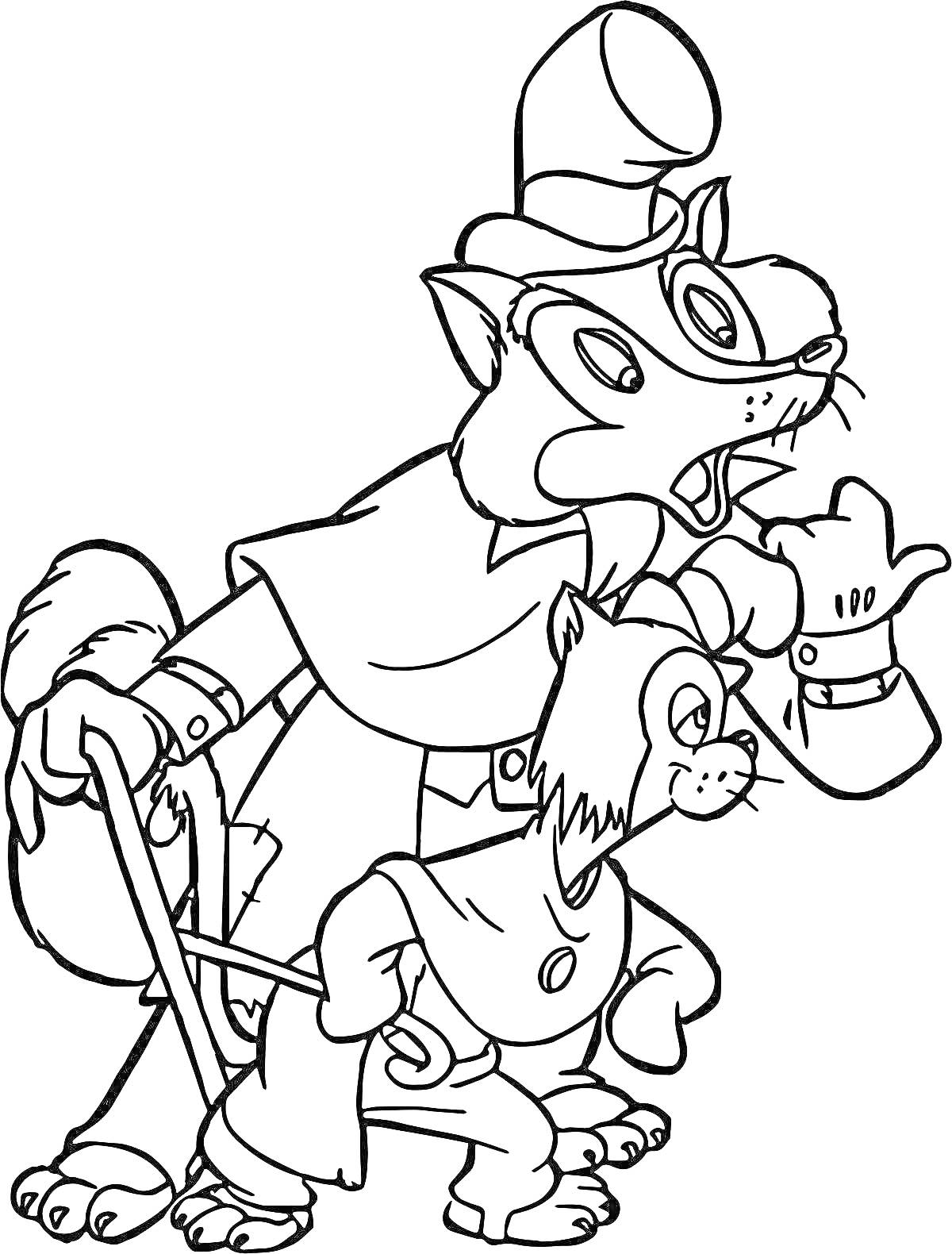 Раскраска Два кота в костюмах, один из которых носит шляпу и использует трость