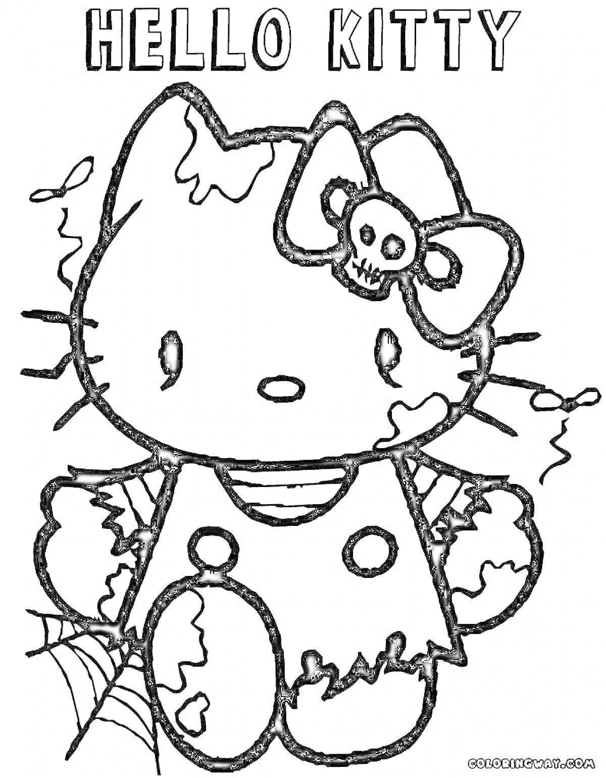 Раскраска Hello Kitty с черепом на бантике, рваными ушами, паутиной и лохмотьями