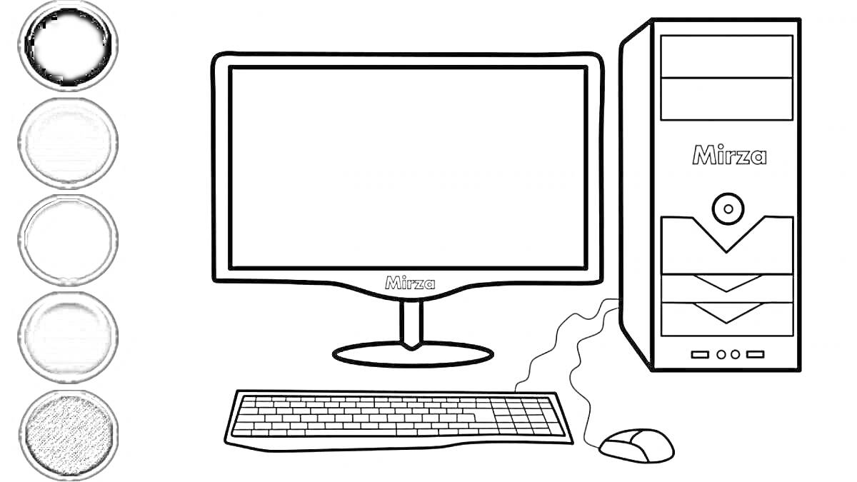 Раскраска Компьютер с монитором, системным блоком, клавиатурой и мышью